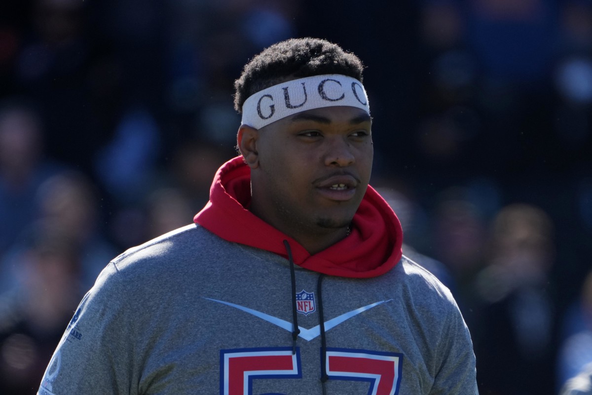 Feb 5, 2022; Las Vegas, NV, USA; Kansas City Chiefs tackle Orlando Brown reacts during AFC practice at the Las Vegas Ballpark. Mandatory Credit: Kirby Lee-USA TODAY Sports